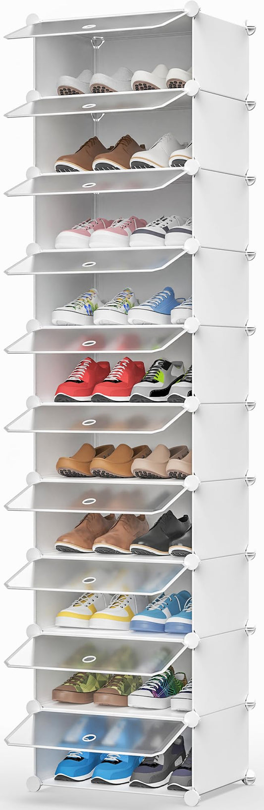 HOMIDEC shoe rack, 10 levels shoe cabinet plastic shoe racks organizer for wardrobe hallway bedroom entrance, white and transparent