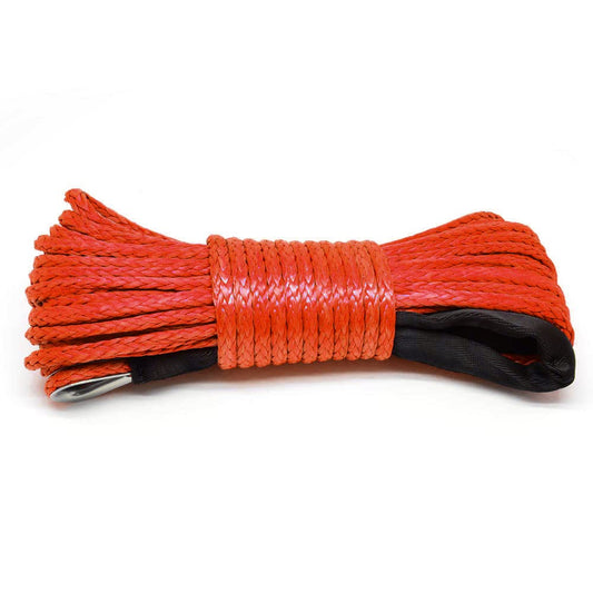 12-strand synthetic winch rope, 6mm x 15m. Synthetic winch rope with sheath. Auto tow rope for SUV, ATV, UTV, off-road vehicles, trucks, and boats. Red color.