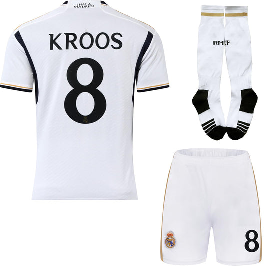 PraiseLight R. Madrid Toni Kroos #8 Home Kids Jersey 2023/2024 Soccer Shorts Socks Set Youth Sizes (White, 26)