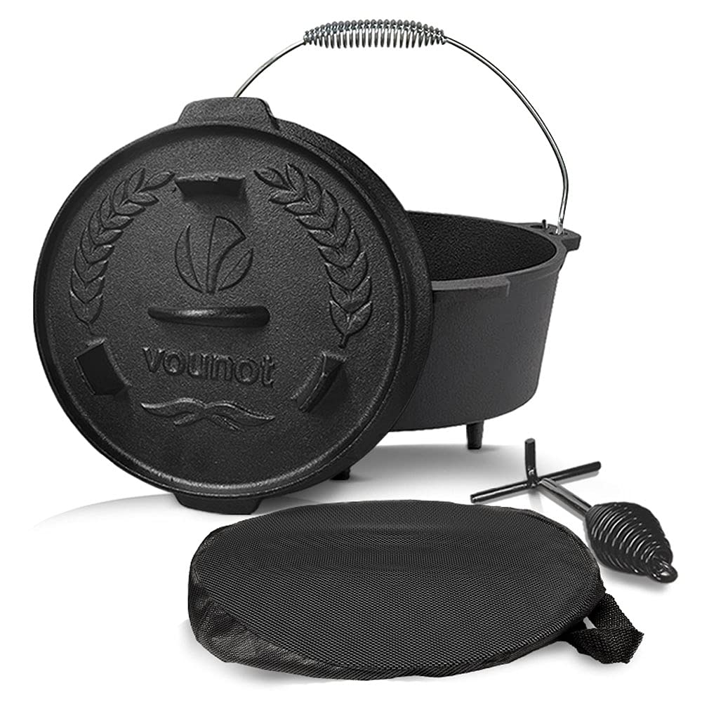 VOUNOT Dutch Oven Set 4.25 liters, pre-seasoned cast iron fire pot for garden campfire camping, with legs, lid, lid lifter, and carrying bag.