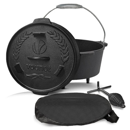 VOUNOT Dutch Oven Set 4.25 liters, pre-seasoned cast iron fire pot for garden campfire camping, with legs, lid, lid lifter, and carrying bag.