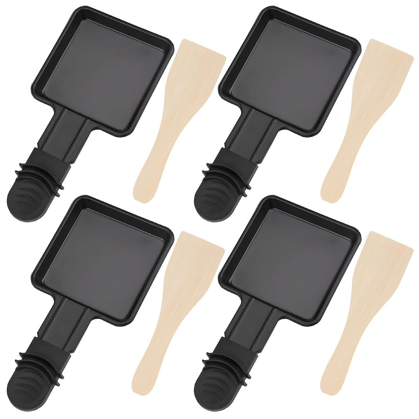 4 pieces of small pans for raclette, non-stick coated grill pans, square mini raclette with 4 wooden spatulas for raclette grill accessories.