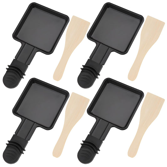 4 pieces of small pans for raclette, non-stick coated grill pans, square mini raclette with 4 wooden spatulas for raclette grill accessories.