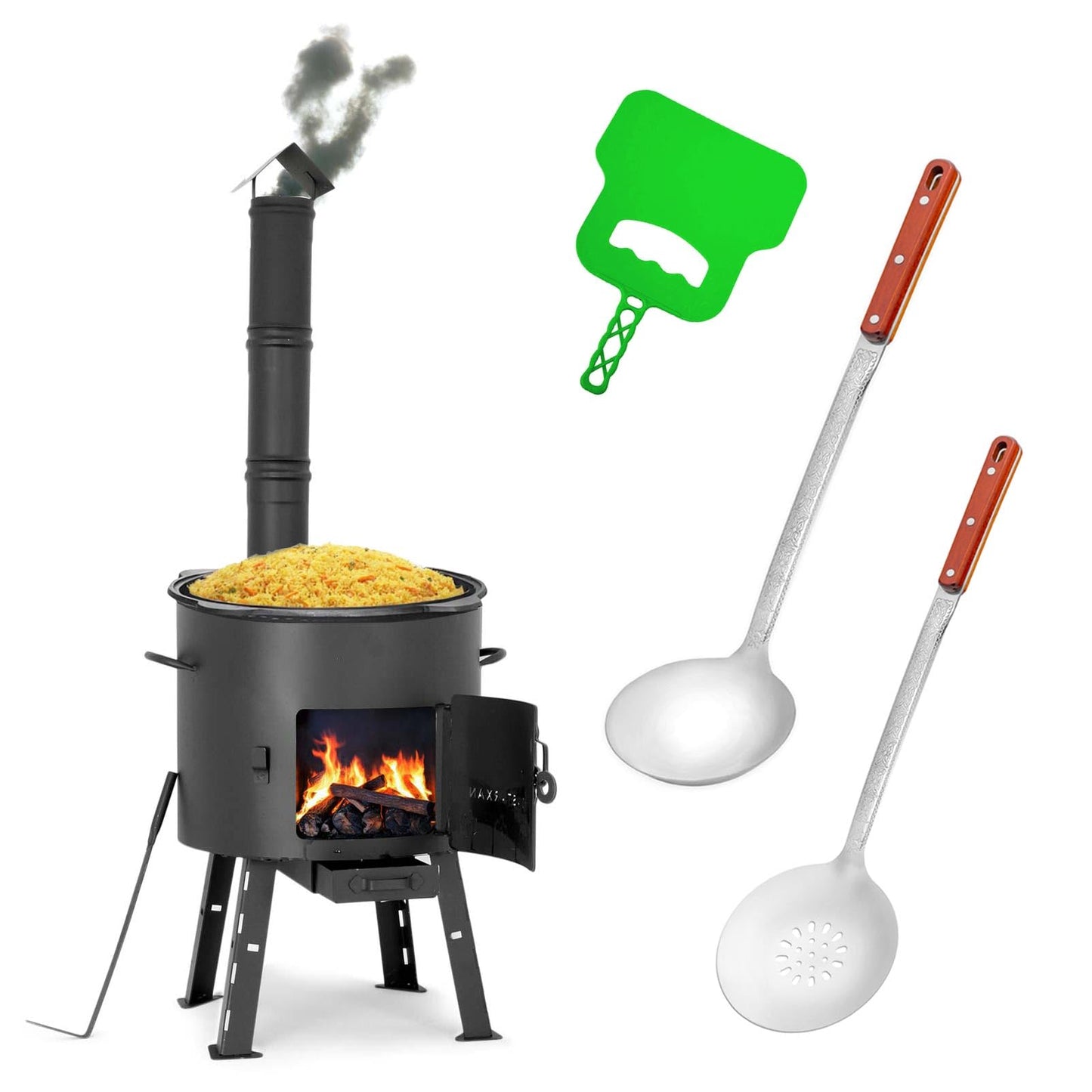 41cm fire pit made of 2mm steel with flu pipe. Outdoor kitchen with 12L pot and flat-bottomed kazan. Ideal for camping and cooking outdoors with ladle, soup ladle, and grill grate.