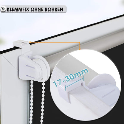 Magic blackout roller blind without & with drilling, clamp fix, black W105 x H130 cm (fabric width 100 cm), clamp roller thermal blind, indoor blind for sun protection and privacy, blinds for window & door.
