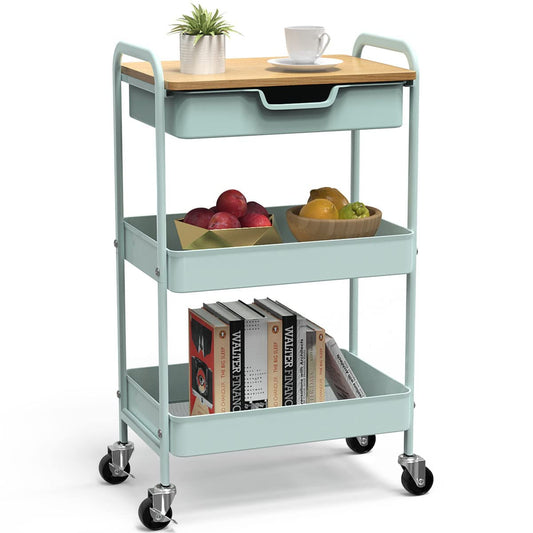 Shrivee 3-tier kitchen cart with table and drawer, multipurpose trolley, metal utility cart, shelf cart for office salon, multipurpose cosmetics, serving cart for kitchen, bathroom, office (light green)