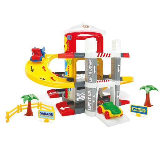 Multi-level parking garage on 3 levels with 2 high-quality vehicles, suitable for ages 12 months and up.