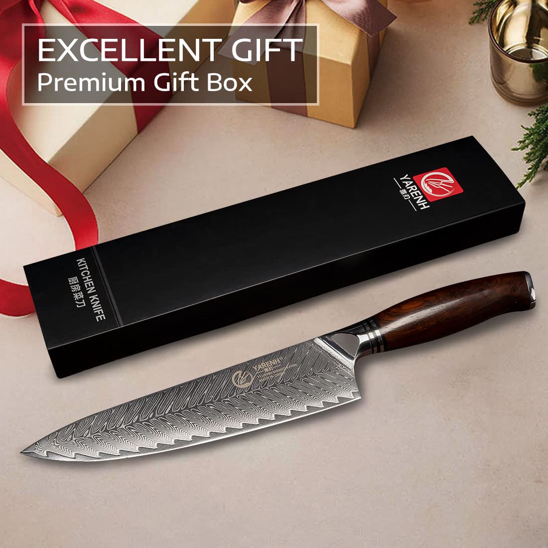 YARENH Damascus Knife Professional Chef's Knife 20.5 cm, 73 Layers Damascus Steel Kitchen Knife, Sharp Chef Knife, with Exquisite Sandalwood Handle, with Walnut Wood Sheath.