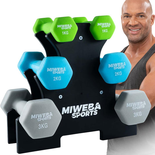 Miweba Sports Neoprene/Vinyl Dumbbell Set/Dumbbell Rack | Profi Dumbbell - Hex Dumbbell Sets 1.0-3.0 Kg - Short Dumbbells - Dumbbell Set - Gym Dumbbells - Dumbbell Set - Dumbbell Stand