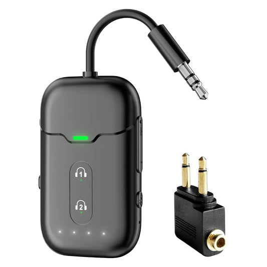 Comzler Bluetooth 5.0 adapter transmitter & receiver for airplane, Bluetooth splitter/receiver supports 2 AirPods or headphones with aptX Adaptive for TV, gym, tablets & stereo system.