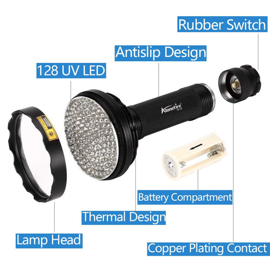 Alonefire SV128 395nm UV flashlight 128 LED blacklight flashlight for scorpion, pet urine detector, dry stain, carpet, floor with UV-protection glasses, 6 x AA batteries included.