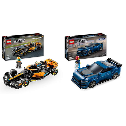 LEGO Speed Champions McLaren Formula 1 race car 2023 & Speed Champions Ford Mustang Dark Horse sports car, car toy with minifigure for building.