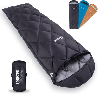 QEZER Summer Sleeping Bag, Ultralight Sleeping Bag with Small Pack Size filled with 600FP Down for Adults and Children Camping, Trekking, and Hiking Outdoors (Black)