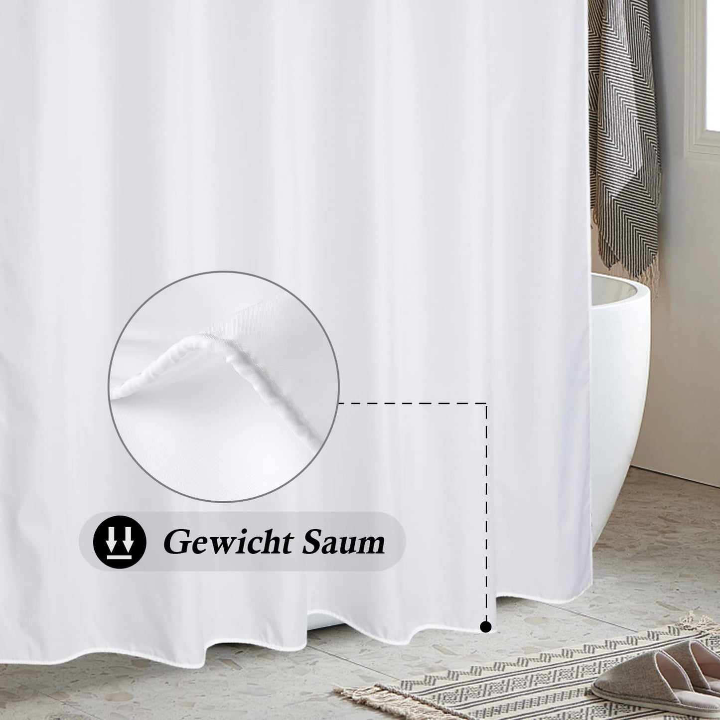 Extra wide white shower curtain 275 x 180 Textile polyester fabric shower curtains, waterproof washable anti-mold bath curtain with 18 rings