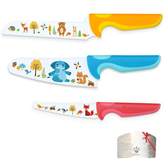 Kibbidea 4-piece child knife set, safety, stainless steel blade, serrated edge, kids kitchen knives, teaching cutting skills for cutting fruit or vegetables, suitable for children aged 3 years and older.