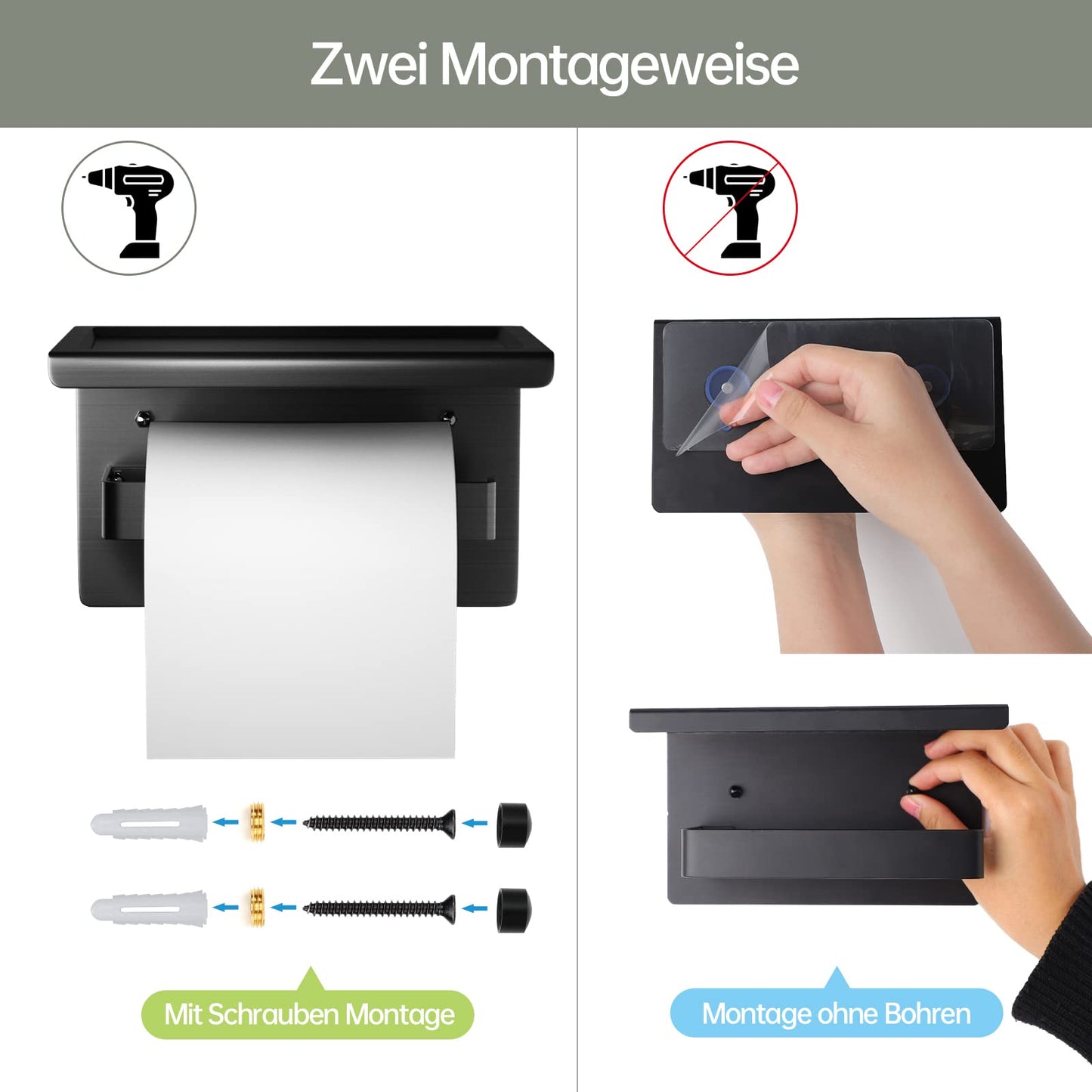 Acmetop toilet paper holder without drilling, aluminum TP holder with 17 cm shelf. Self-adhesive toilet paper holder with 2 adhesive hooks for wall mounting. Toilet roll holder for kitchen and bathroom in black.