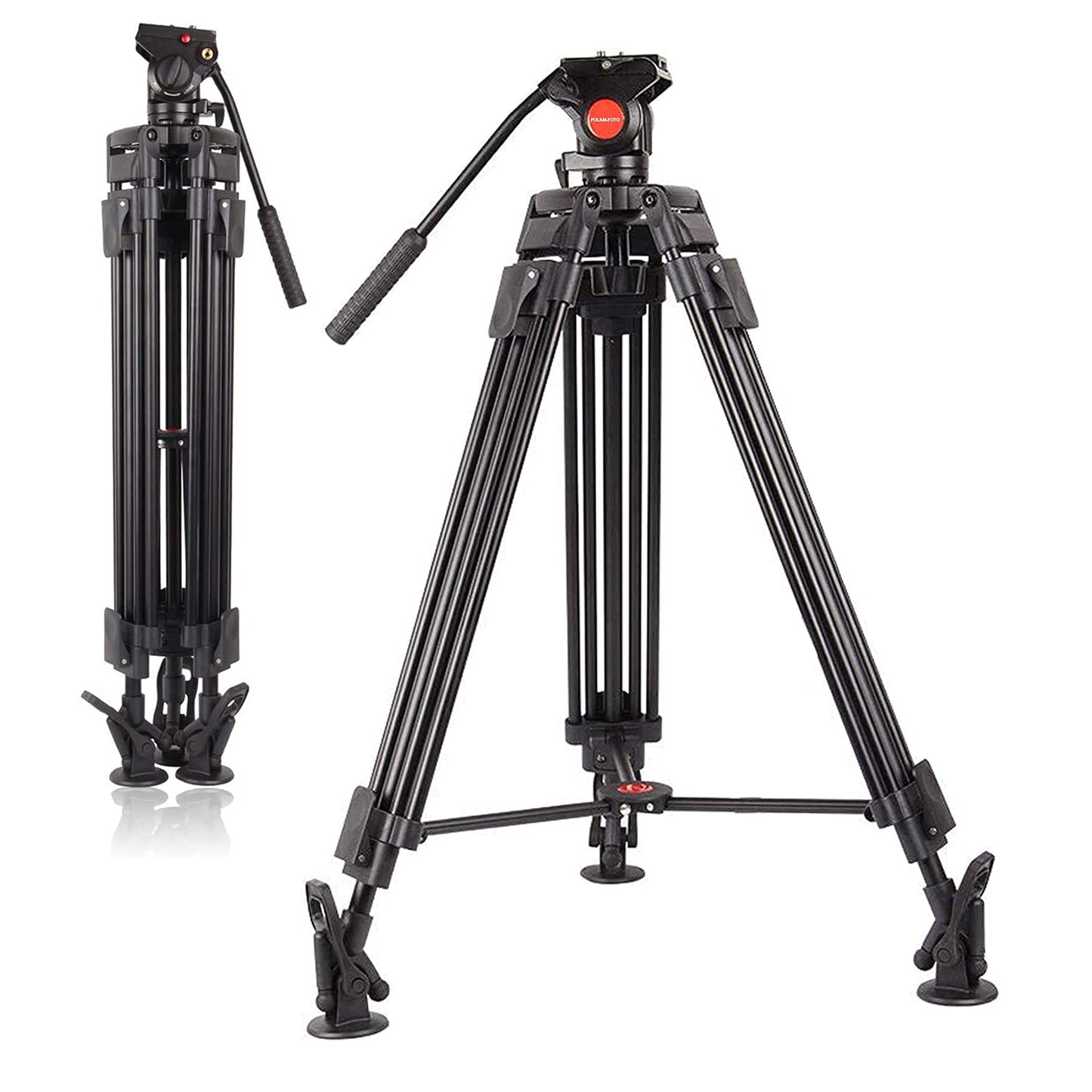 POLAM-PHOTO 163cm Professional Video Tripod with Fluid Head, High-performance Aluminum Double Tube Tripod, Load Capacity 8kg, Durable Tripod for Video Cameras