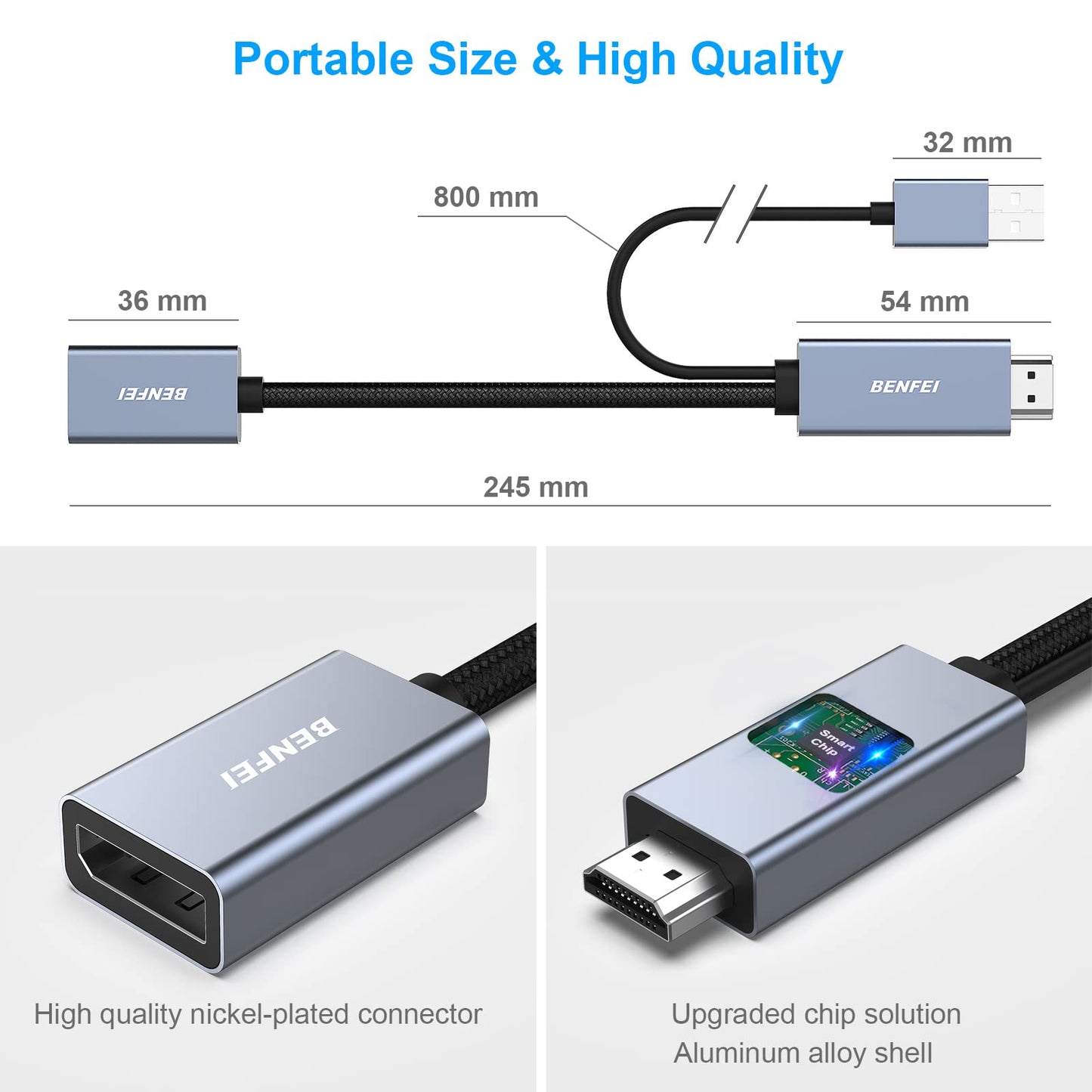 BENFEI HDMI to DisplayPort Adapter, connects HDMI source to DisplayPort monitor, compatible with PC graphics card, laptop, PS5, Xbox One (360), supports 4K@60Hz, 2K@144Hz, 1080P@165Hz.
