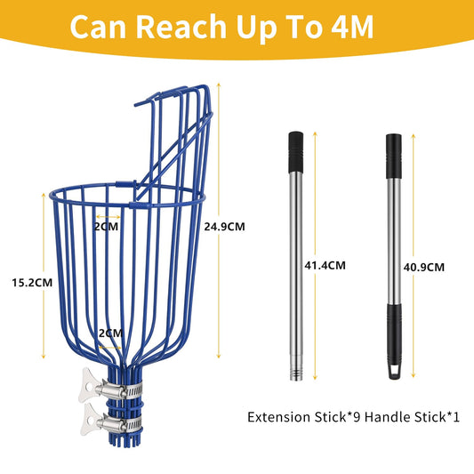MaidMAX fruit picker with telescopic stainless steel handle 4 meters, apple picker with joint and foam pad, gripper with basket for fruit apple orange, light stable and space-saving.