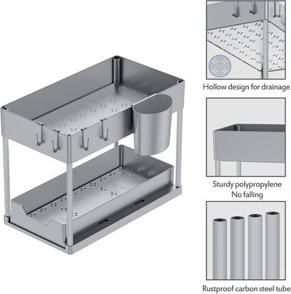 Puricon Under Sink Shelf, 2 Tier Standing Rack Kitchen Countertop Organizer, Multifunctional Kitchen Shelf Spice Rack Under Cabinet Shelf Sink Cabinet Rack - Grey