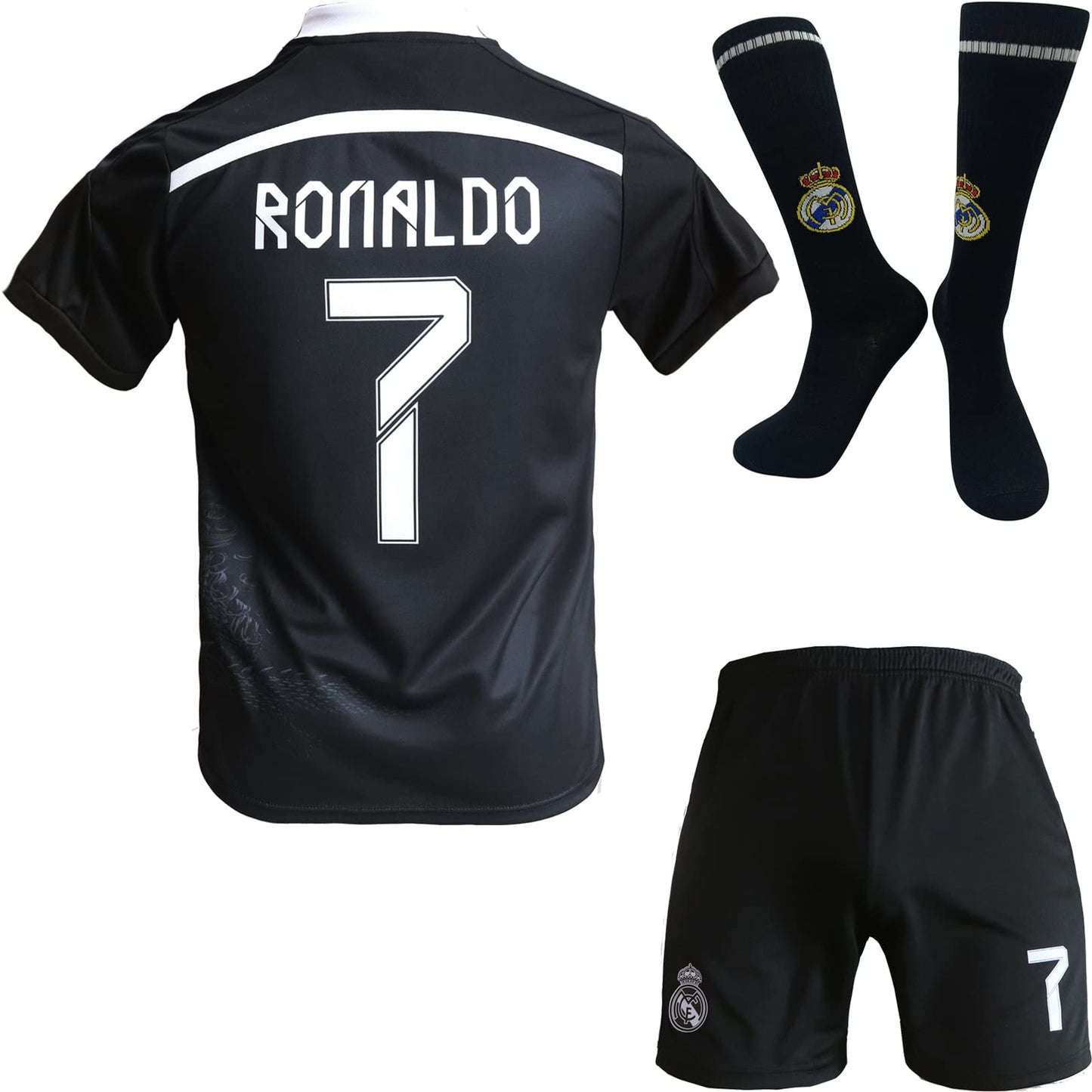 BlackAzat Madrid Home #7 Retro Black Dragon Limited Special Edition Rare Football Kids Jersey Shorts Socks Set Youth Sizes (Black, 28)