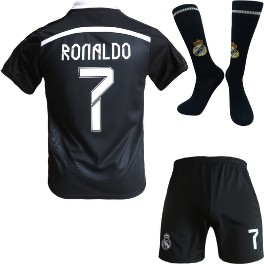 BlackAzat Madrid Home #7 Retro Black Dragon Limited Special Edition Rare Soccer Kids Jersey Shorts Socks Set Youth Sizes (Black, 26)