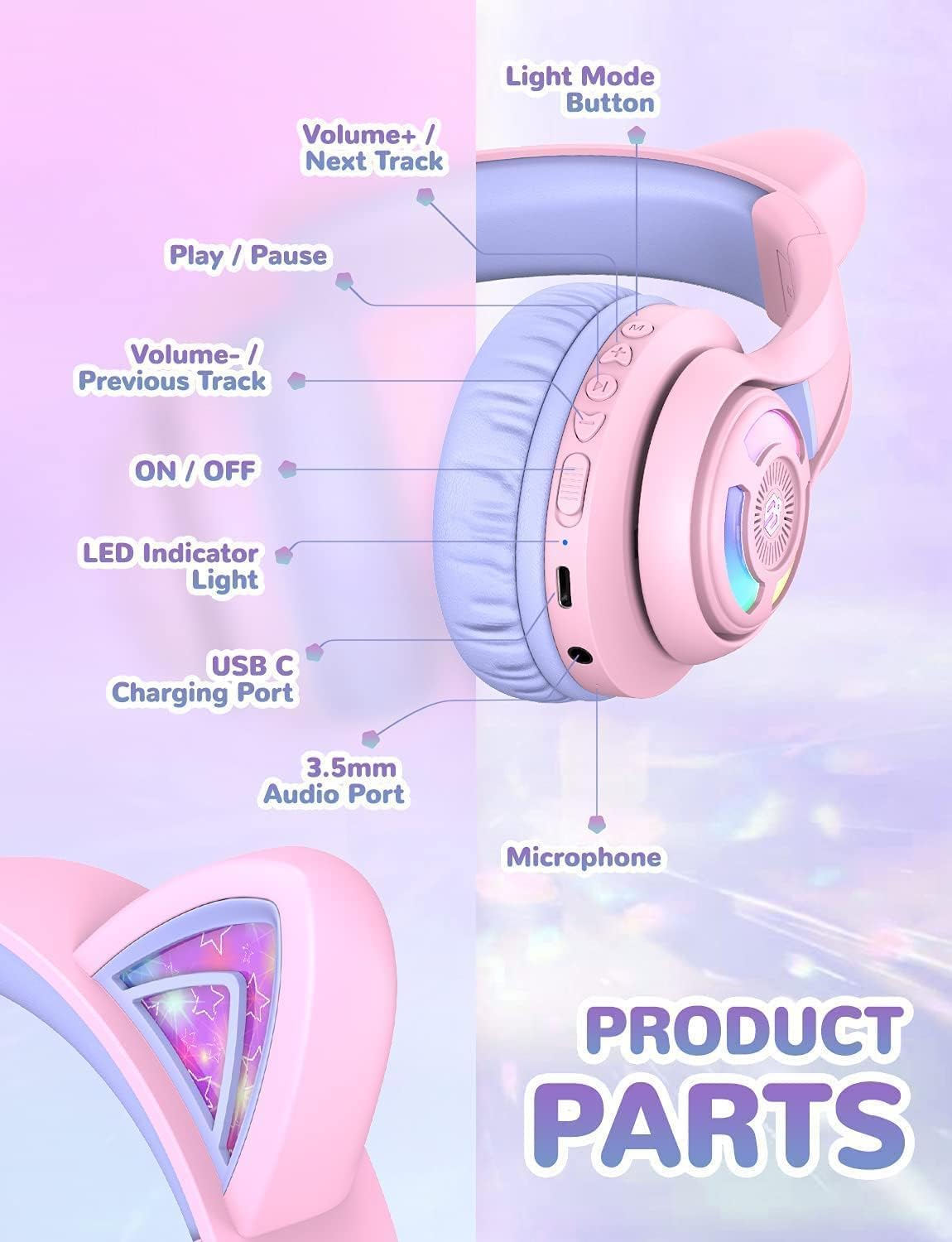 iClever Bluetooth headphones for kids over ear, adjustable 74/85dBA volume control, 50 hours of playtime, Bluetooth 5.2, kids headphones with microphone for school/tablet/phone/PC