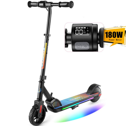 Caroma E-Scooter for kids aged 6-14, 180W motor, 16 km/h, 80 mins ride time, adjustable speed and height, colorful lights, LED display, foldable kids electric scooter