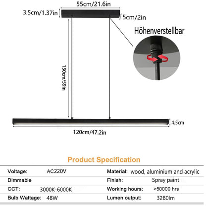 SENFAY 120cm LED pendant light dining table dimmable, pendant light black with remote control, 48W modern linear design pendant light, dining table lamp hanging adjustable height for dining room kitchen office