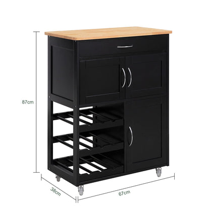 SoBuy kitchen trolley with wheels, kitchen cart with worktop, rolling cart with drawers, wine rack, kitchen island, standing kitchen shelf furniture for kitchen, dining room, and outdoor. Black 67x86x38cm FKW45-SCH.