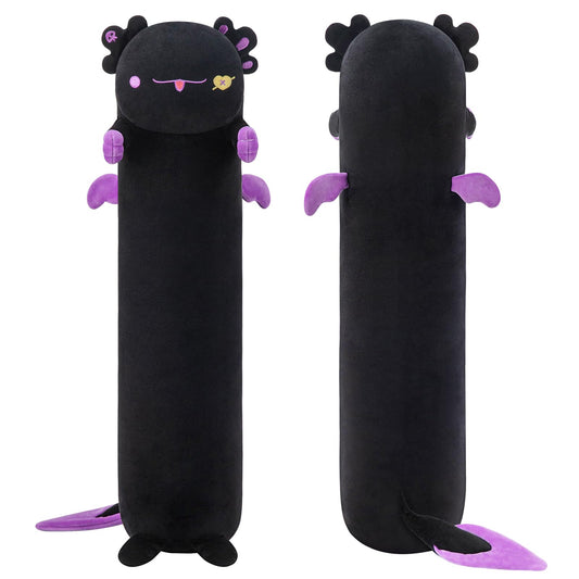 Mewaii Axolotl plush toy in black color, 110cm long. Made of soft fabric, great as a stuffed animal or cuddly pillow gift.