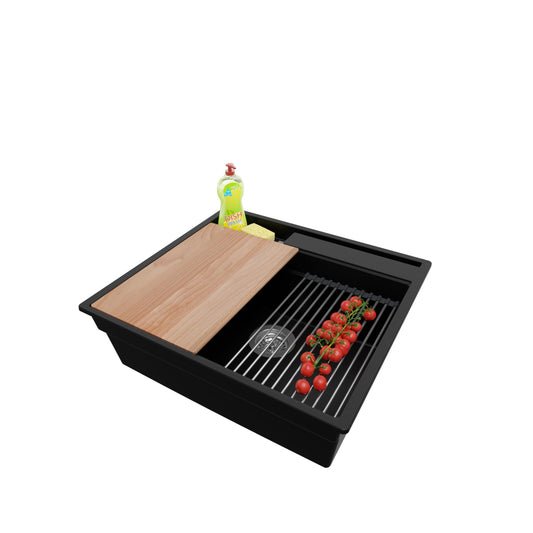 PRIMAGRAN Sink Black 58x53cm, granite sink 1 basin + drain set + kitchen accessory set, kitchen sink from 60cm base unit - Oslo Pocket