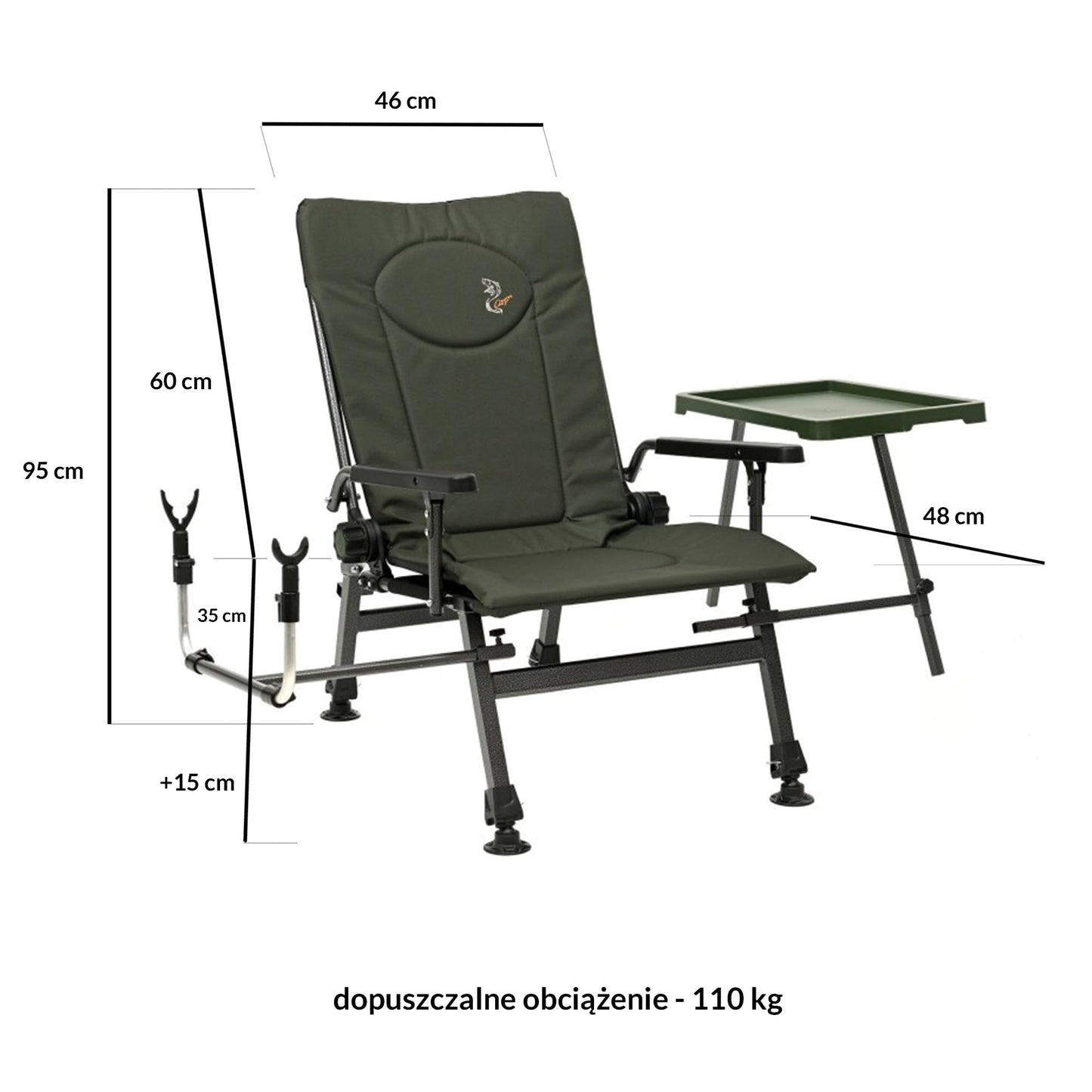 Carp fishing chair camping chair F5R ST/P Deluxe carp angler camping chair with extra height and table fishing rod holder, polyester