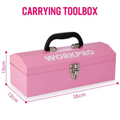 WORKPRO 73-piece Tool Set Pink with small cordless screwdriver, pink metal toolbox filled for household repairs with level, water pump pliers, a gift for mom DIYer.