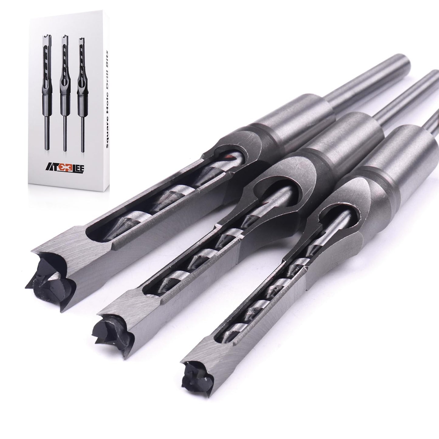 ATOPLEE Square Hole Drill Bit for Wood, 3pcs HSS Woodworking Square Mortise Drill Bit, Hole Diameter 5/16 inch (8mm), 3/8 inch (9.5mm), 1/2 inch (12.5mm) (all sizes)