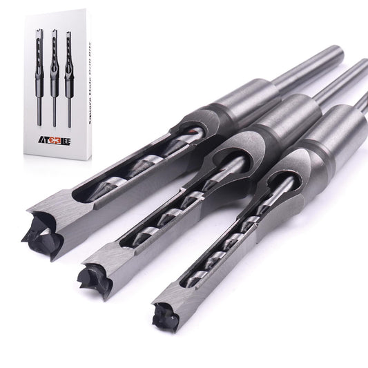 ATOPLEE Square Hole Drill Bit for Wood, 3pcs HSS Woodworking Square Mortise Drill Bit, Hole Diameter 5/16 inch (8mm), 3/8 inch (9.5mm), 1/2 inch (12.5mm) (all sizes)