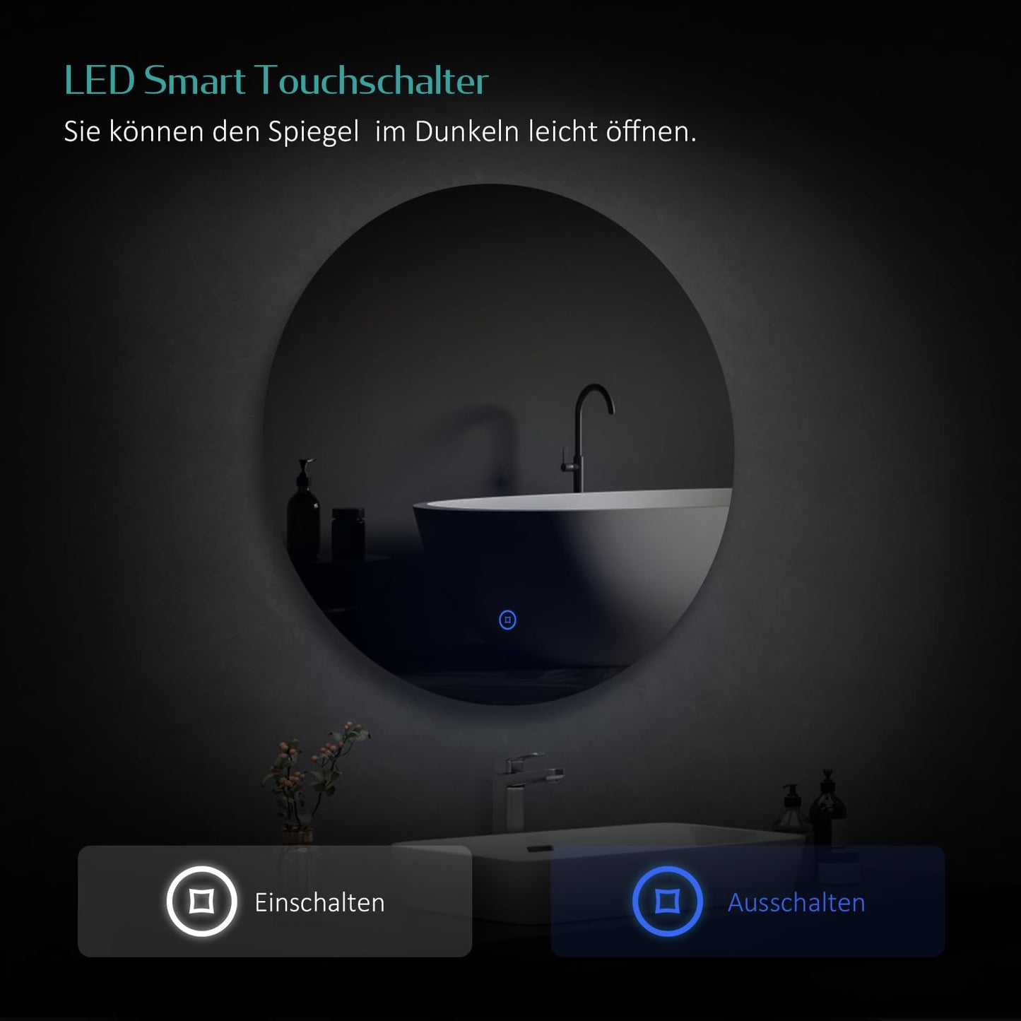 EMKE LED Bathroom Mirror with Lighting, 60cm diameter, dimmable cool white light 6500K, storage function, touch switch, energy-saving IP44 rated.