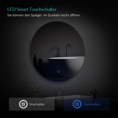 EMKE LED Bathroom Mirror with Lighting, 60cm diameter, dimmable cool white light 6500K, storage function, touch switch, energy-saving IP44 rated.