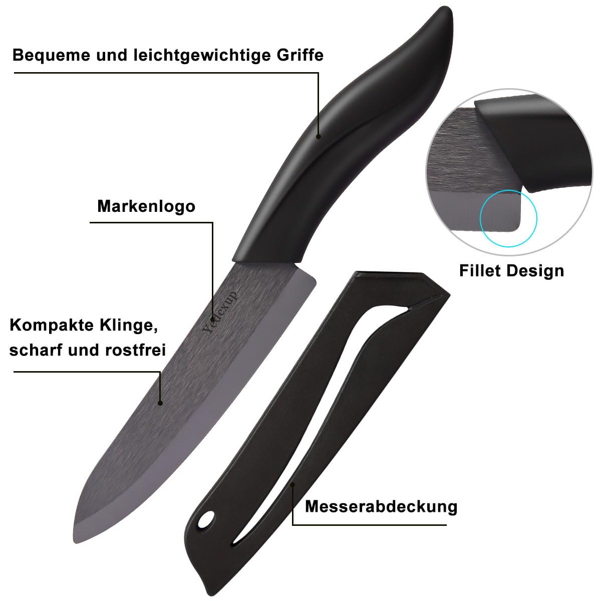 Ceramic Knife Set 4 - Very sharp vegetable knife Good handling small kitchen knife, Contains a 7.6cm paring knife, a 10cm fruit knife, a 12.7cm utility knife, a 15.2cm chef's knife (Black)