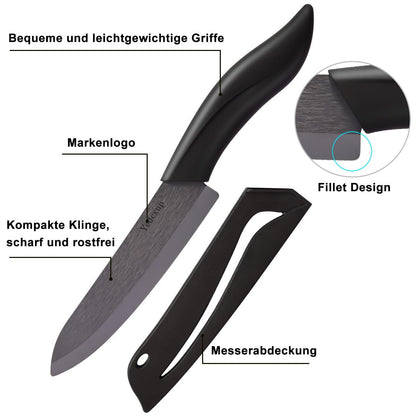 Ceramic Knife Set 4 - Very sharp vegetable knife Good handling small kitchen knife, Contains a 7.6cm paring knife, a 10cm fruit knife, a 12.7cm utility knife, a 15.2cm chef's knife (Black)