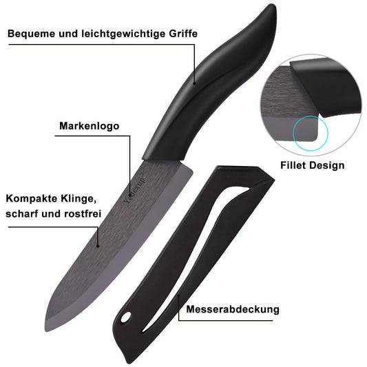 Ceramic Knife Set 4 - Very sharp vegetable knife Good handling small kitchen knife, Contains a 7.6cm paring knife, a 10cm fruit knife, a 12.7cm utility knife, a 15.2cm chef's knife (Black)
