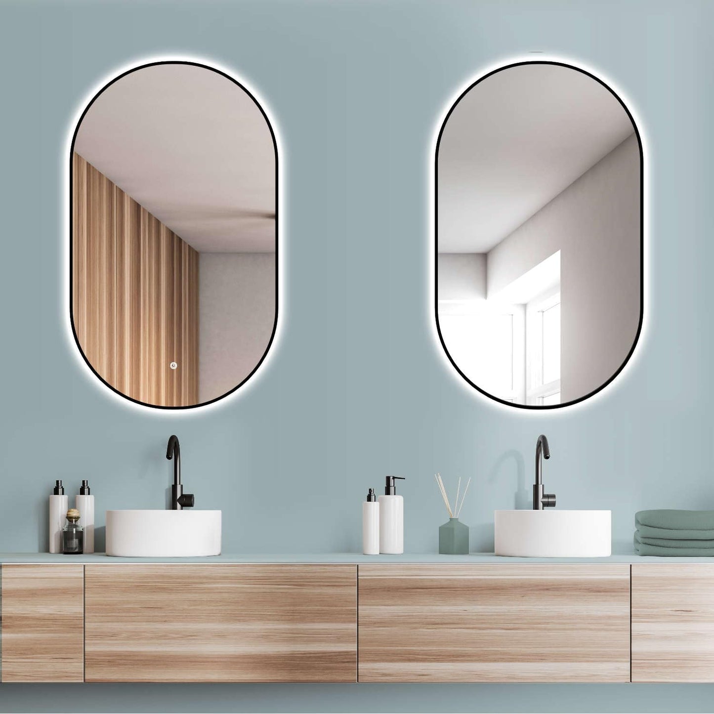 HOKO Design LED light mirror oval 50x90 cm / 90x50 cm Palermo with black metal frame. Mountable vertically or horizontally. LED illuminated bathroom wall mirror, touch switch + light change warm white - cool white - neutral.