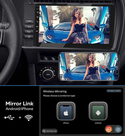 2 DIN car stereo, 10 inch 1080P HD touchscreen car radio with Bluetooth, Android car radio with navigation, Wireless CarPlay & Wireless Android Auto, FM radio, Mirrorlink, WiFi, 2 USB ports, 2GB RAM + 32GB storage.