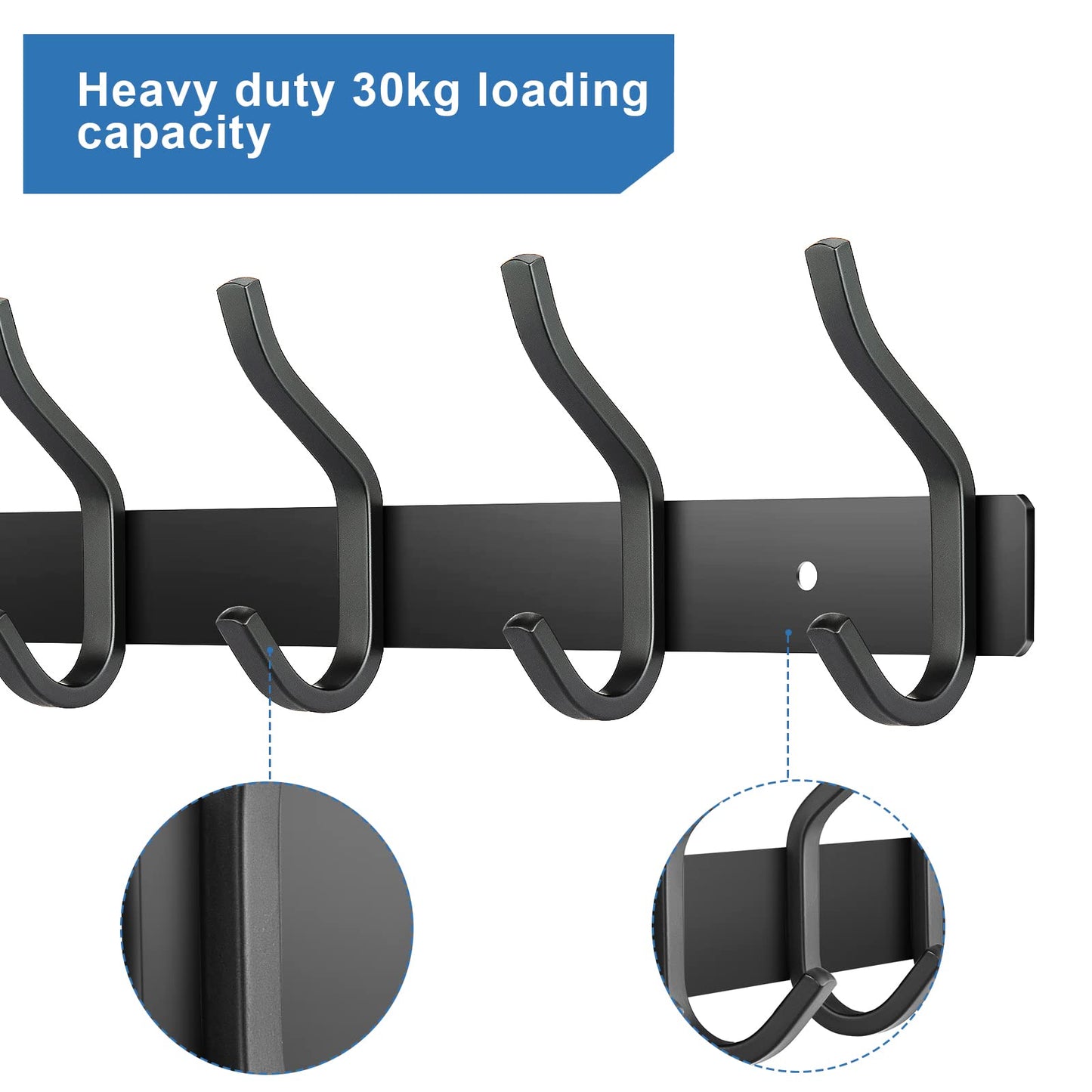MEIJO stainless steel coat hooks, hook rail coat hooks wall with 8 hooks, coat rack wall coat rack for bedroom bathroom kitchen (Black, 8 hooks 2 pieces)