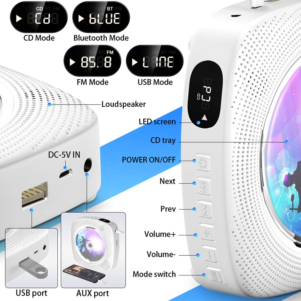 Portable CD player with Bluetooth, Gueray Wall Mountable CD Player Built-in HiFi Speakers with LCD Screen, Home Audio Boombox FM Radio USB MP3 Music Player (White)