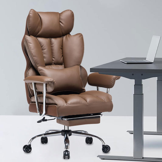 Efomao office chair ergonomic, PU leather executive chair, office chair 200 kg with footrest and lumbar support, Adjustable high-back chair, Brown.
