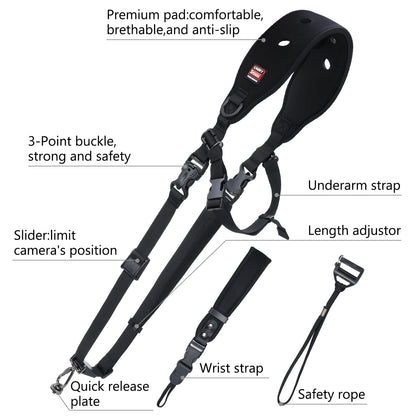 Airminti Camera Shoulder Strap and Hand Strap Set, secondary protection, adjustable, quick release, neoprene, black, camera strap for camera, camcorder with 1/4 inch tripod thread.