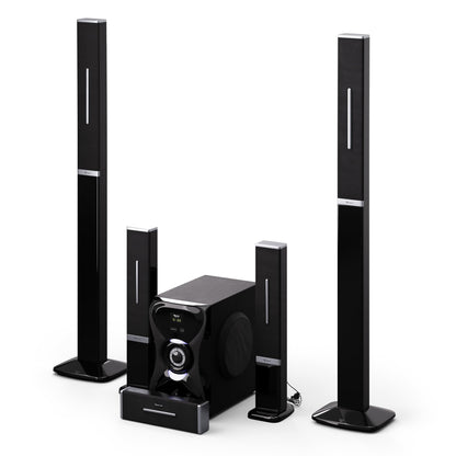 auna Areal 825 5.1 wireless sound system with Bluetooth, 100W subwoofer, and RGB lighting - USB/SD ports, AUX and optical input, home theater speakers with remote control.
