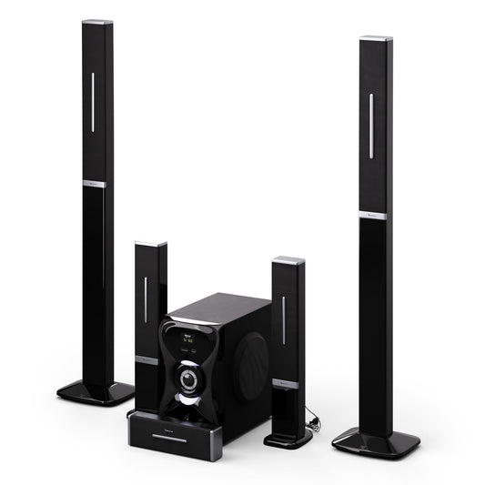 auna Areal 825 5.1 wireless sound system with Bluetooth, 100W subwoofer, and RGB lighting - USB/SD ports, AUX and optical input, home theater speakers with remote control.