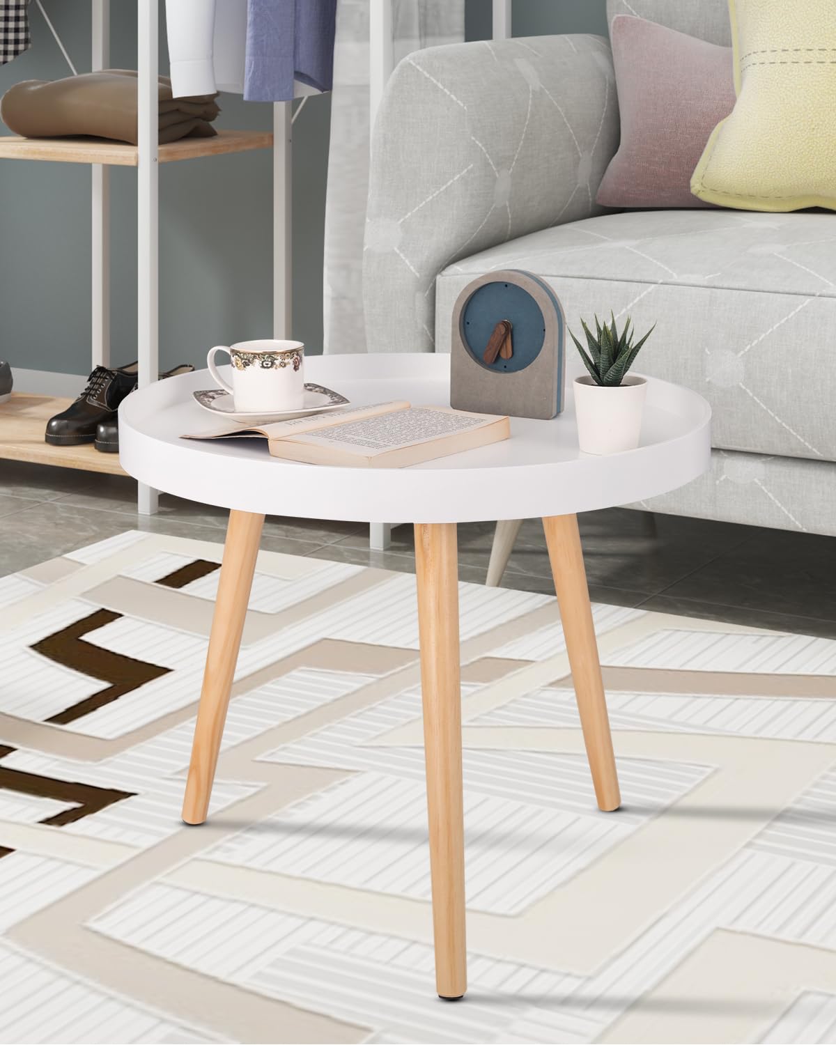 WOLTU small round side table coffee table flower stand bedside table solid wood Scandinavian design white 50 x 44cm (ø x H) TS143ws